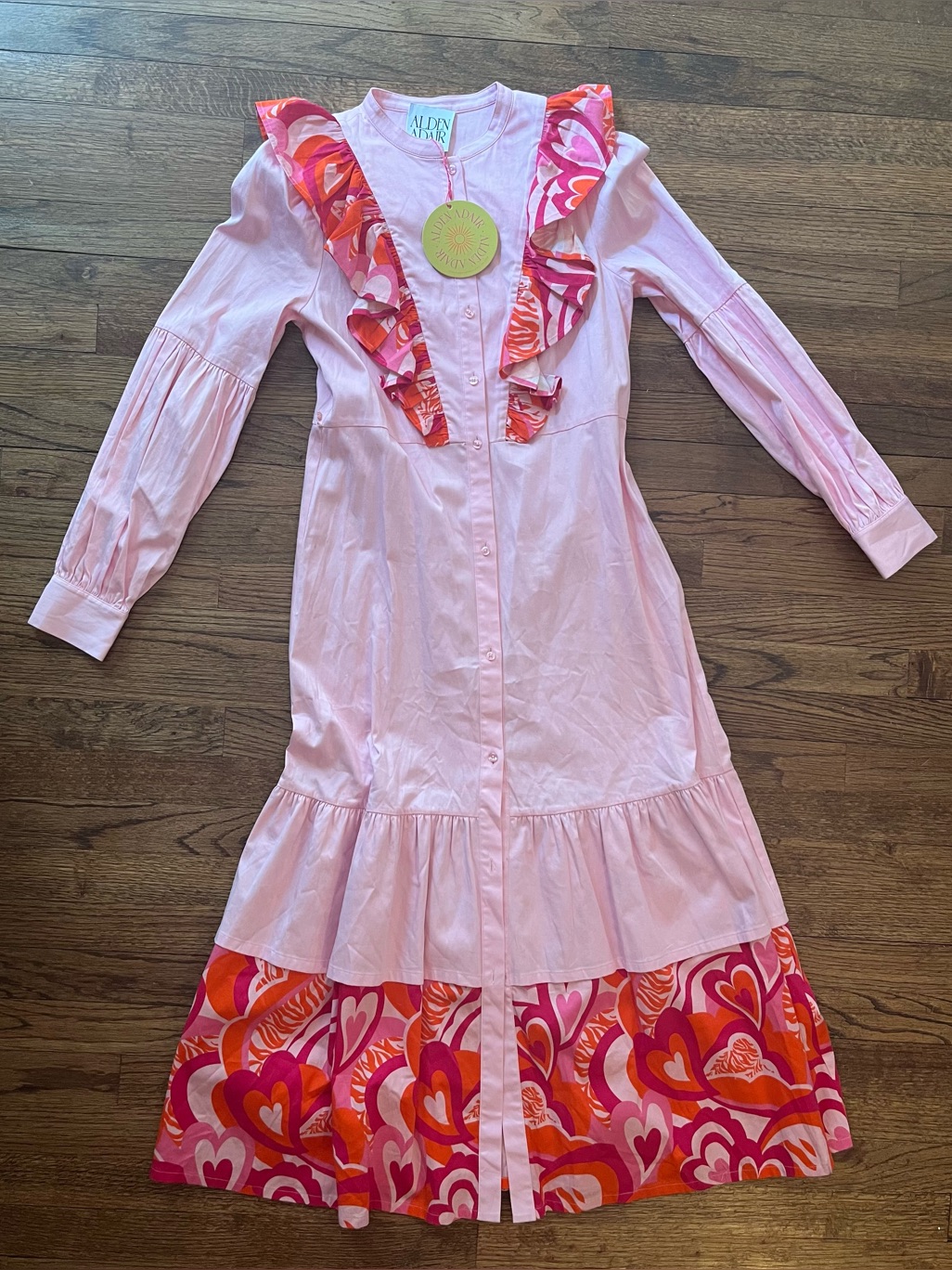 Alden Parker Pink Button-Down Maxi Dress With Heart Print Ruffle, Nwt Small
